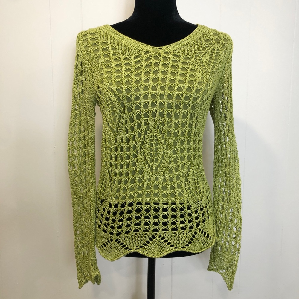 Tricotto Chartreuse Open-Knit V-Neck Sweater
